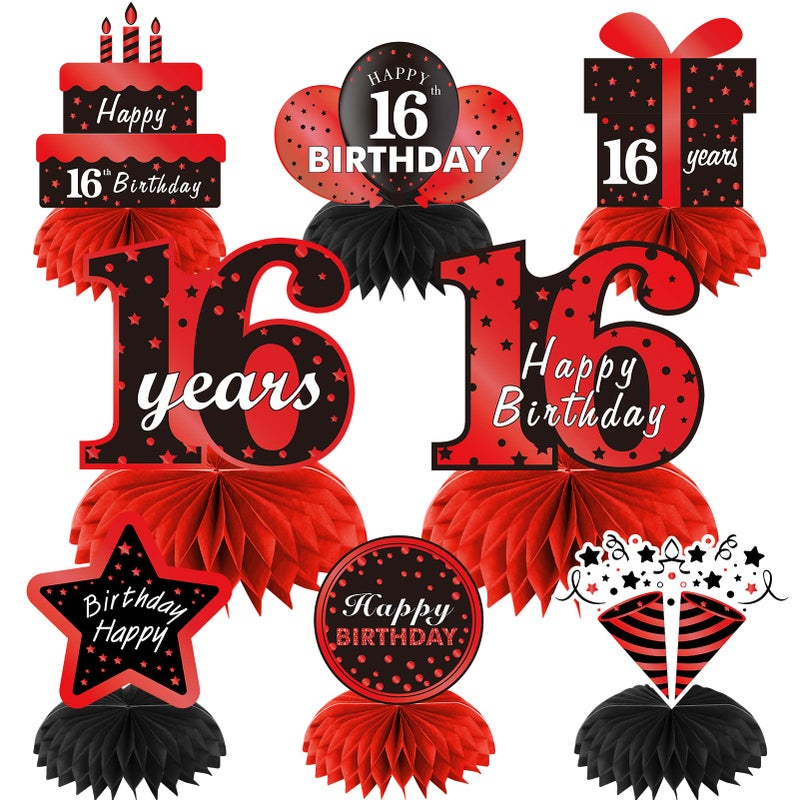 Parfundg Red Black 16th Birthday Decorations Table Honeycomb Centerpieces  8Pcs Happy 16 Year Old Birthday Table Topper Party Supplies for Boys Girls  Sixteen Birthday Table Centerpiece Decor - Image 1